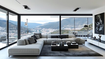 Fototapeta premium A Contemporary Living Room with a Modular Sofa, Chic Decor, and Open Layout, Ideal for Stylish Comfort and Entertainment