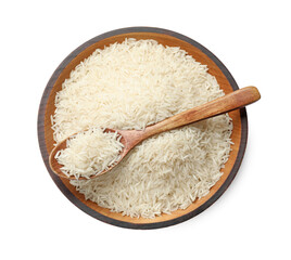 Fototapeta na wymiar Raw basmati rice in bowl and spoon isolated on white, top view