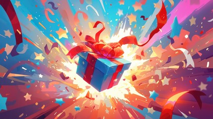 cartoon 2d illustration featuring a floating gift box adorned with a red ribbon bow icon surrounded by a starry explosion design This modern plastic cartoon rendering adds a touch of holiday - obrazy, fototapety, plakaty