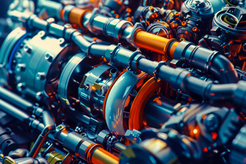 A close up of a machine with many pipes and tubes. The tubes are orange and the machine looks like it is made of metal - obrazy, fototapety, plakaty