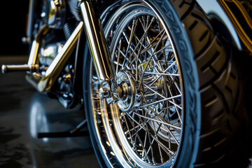 A shiny chrome motorcycle wheel with a black tire. The wheel is the main focus of the image, and it is a vintage model. Scene is one of elegance and sophistication, as the shiny chrome