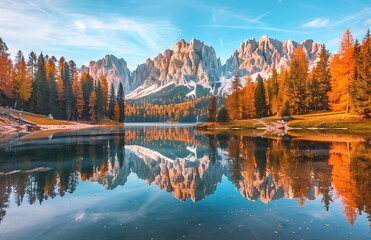 Photo of the Dolomites mountain range with trees and a lake at sunset in autumn in Italy