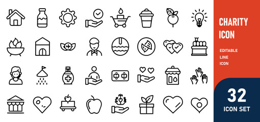 Charity Line Editable Icons set. Vector illustration in modern thin line style of philanthropic icons almsgiving, dole, welfare, donation, contribution, humanism, altruism. Isolated on white