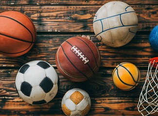 Photo of various sports balls on a wooden background, including a football ball and basketball ball, baseball ball, soccer ball, and volleyball