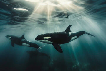Three orcas swimming in the ocean. The light is shining on them, making them look like they are glowing