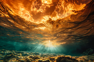 A beautiful underwater scene with a bright orange sun shining through the water. The sun's rays create a warm and inviting atmosphere, making the scene feel peaceful and serene. The water is clear