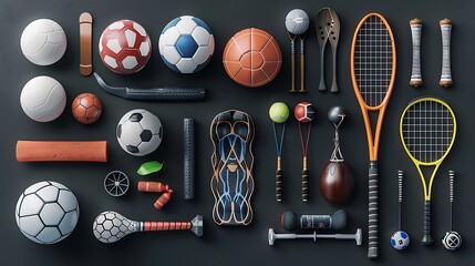 Photo of various sports equipment on a black background, a collection of balls and sport items, high resolution with high detail, stock photo