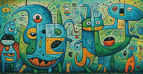 A painting depicting a collection of monsters with varying features and colors, intricately detailed on a wall