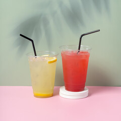 Two takeaway glasses of summer drinks with ice. Lemonade on coloured background