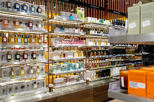 Products of various perfume brands for sale in the perfume and cosmetics store. Minsk, Belarus - april 19, 2024
