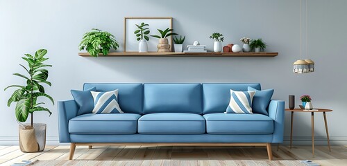 modern living room interior with a blue sofa and wooden shelf