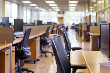 A large open office space with many desks and chairs. The chairs are black and the desks are made of wood. The room is very bright and spacious, giving off a feeling of productivity and efficiency