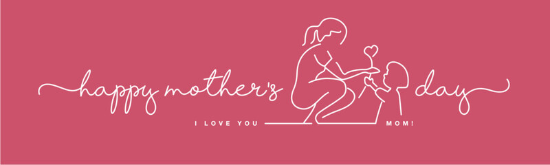 Happy Mothers Day pink handwritten calligraphy lettering line design draw of giving heart and love to mom pink background banner