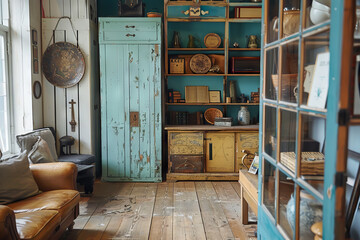 Fototapeta premium A room with a blue wall and a wooden floor. A brown couch is in the room