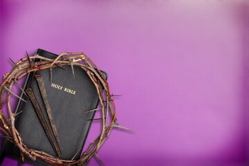 Holy Week Easter Concept. Bible on desk