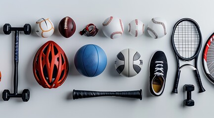 Photo of various sports equipment and gear on a white background, including a football helmet,...