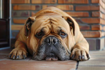Obraz premium A large brown dog is laying on the ground with its head down. The dog appears to be sad or tired