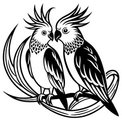 Naklejka premium Cockatiel couple in love, setting in the branch vector silhouette an white background 