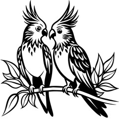 Cockatiel couple in love, setting in the branch vector silhouette an white background 