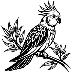 Cockatiel setting in the branch vector silhouette 