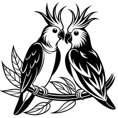 Cockatiel couple in love, setting in the branch vector silhouette an white background 