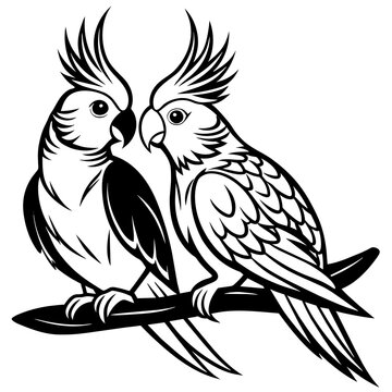 Cockatiel couple in love, setting in the branch vector silhouette an white background 