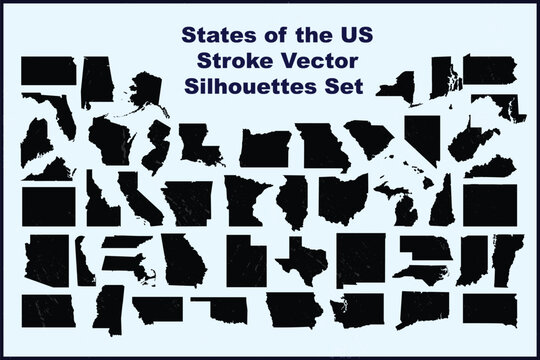 States of the US Stroke Vector Silhouettes Set