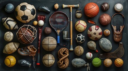 Photo of various sports equipment on a black background, a collection of balls and sport items, high resolution with high detail, stock photo - Powered by Adobe