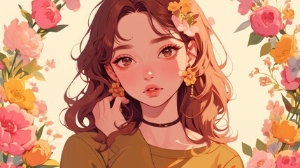 Portrait of a cute girl cartoon wearing a stylish outfit framed by a delicate wreath of flowers