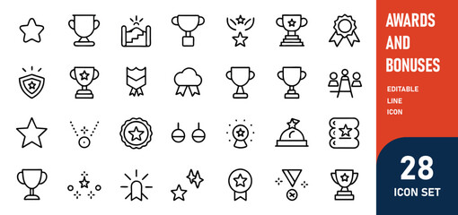 Awards icons Awards and Bonuses Editable Icons set. Vector illustration in modern thin line style of icons, such as Cups, Awards, Medals, Diplomas, Champion, Number One, Stars, Winner, Ribbon