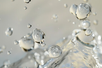 The image is of a splash of water with many small droplets. The droplets are scattered all over the image, creating a sense of movement and energy. The water appears to be clear and sparkling