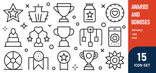 Awards icons Awards and Bonuses Editable Icons set. Vector illustration in modern thin line style of icons, such as Cups, Awards, Medals, Diplomas, Champion, Number One, Stars, Winner, Ribbon