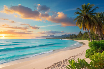 Fototapeta na wymiar A stunningly realistic beach scene in 4K Ultra HD, with crystal clear turquoise waters, golden sands, and lush palm trees swaying in a gentle breeze, sunset over the ocean