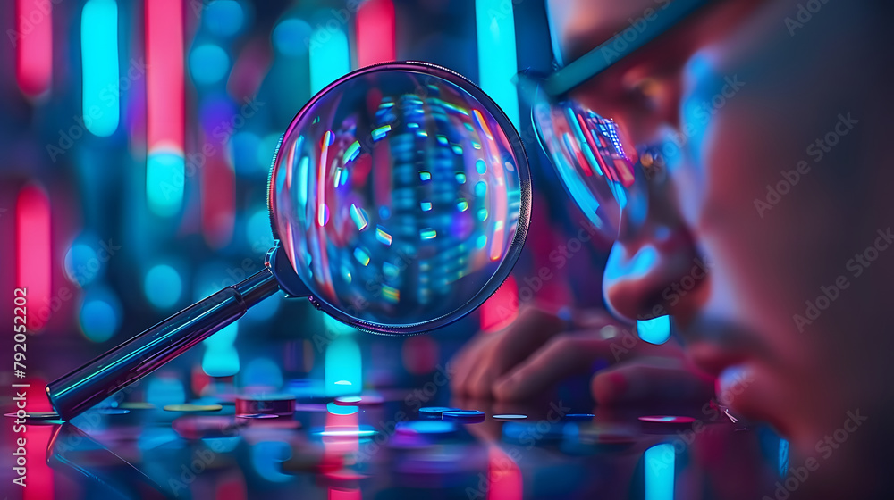 Aufkleber analyzing data with a neon screen and digital magnifier for seo. concept seo analysis, data visualiz