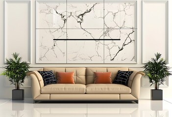 Modern living room interior with beige sofa and marble wall panel and white floor
