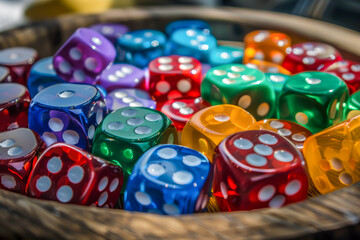 A bowl of colorful dice with a wooden bowl. The colors of the dice are red, blue, green, and yellow