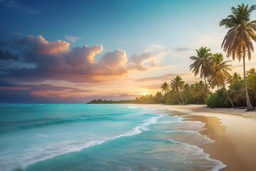 A stunningly realistic beach scene in 4K Ultra HD, with crystal clear turquoise waters, golden sands, and lush palm trees swaying in a gentle breeze, sunset over the ocean