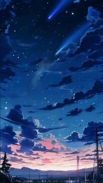 Meteor streaks across the vast sky at night. Japanese anime-style 4k music background animation video