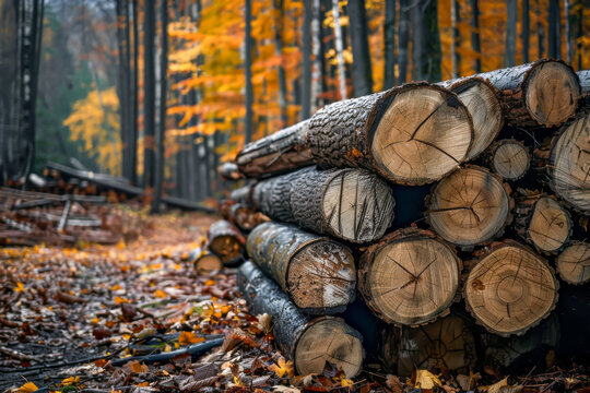 A pile of logs in a forest with autumn leaves on the ground