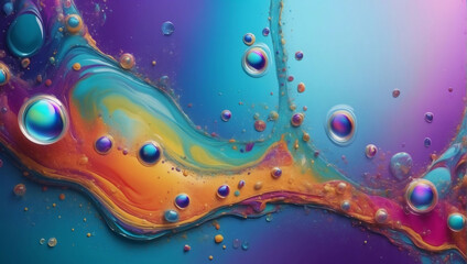 Abstract Iridescent Paint Texture with Floating Bubbles, Creating a Mesmerizing Background