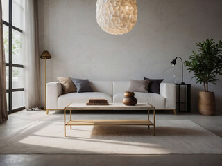 Airy White Space, Room Mockup with Natural Sunlight and Shadows, White Sofa, Stone Coffee Table, and Pendant Light