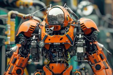 A robot in an orange suit with a camera on its head. The robot is in a factory setting