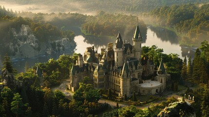 A majestic chateau nestled amidst verdant forests and meandering rivers, with regal turrets and...
