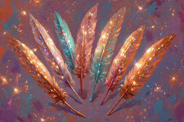 Feathers on a colorful background. Impressionism style artwork. Beautiful feathers.