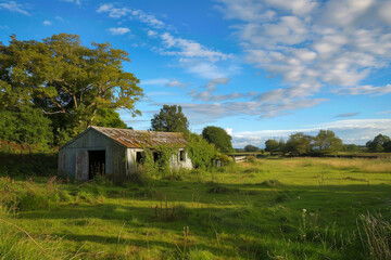 Obraz premium A small, old building sits in a grassy field. The sky is clear and blue, with a few clouds scattered throughout. The scene has a peaceful, rural feel to it