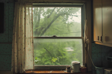 A window with a curtain is open, and rain is falling outside. The room is dimly lit, and the curtains are drawn. Scene is calm and peaceful, as the rain creates a soothing sound