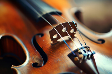 A violin with a brown body and a black neck. The neck is made of wood and has three strings. The violin is a beautiful instrument that is often used in classical music