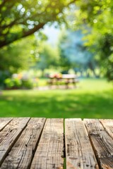 Empty wooden table in summer background with the blurred green garden