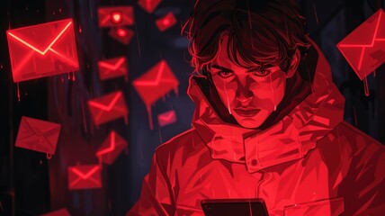 Anonymized hacker surrounded by floating emails - An artist's portrayal of a faceless hacker shrouded in red tones, surrounded by glowing email symbols to represent online privacy invasion