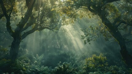 A majestic forest shrouded in mist, with ancient trees cloaked in moss and ferns, evoking a sense of mystery and enchantment as shafts of sunlight 